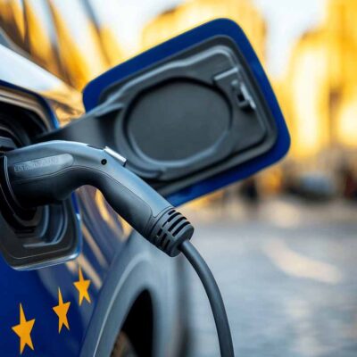 Nabíjanie elektromobilu a vlajka EÚ
