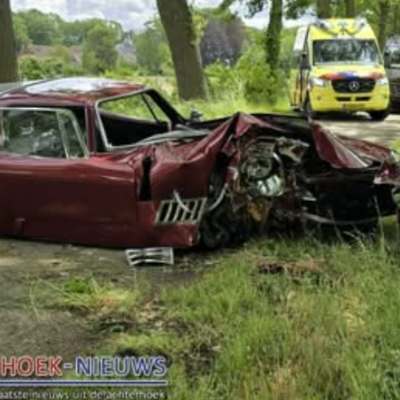 Zničený Iso Rivolta Bizzarrini 5300 Strada po náraze do stromu v Holandsku. Z luxusného veterána v hodnote 200 miliónov zostala len pokrútená hromada plechu.