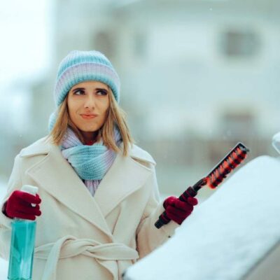 Žena odmrazovač kefa