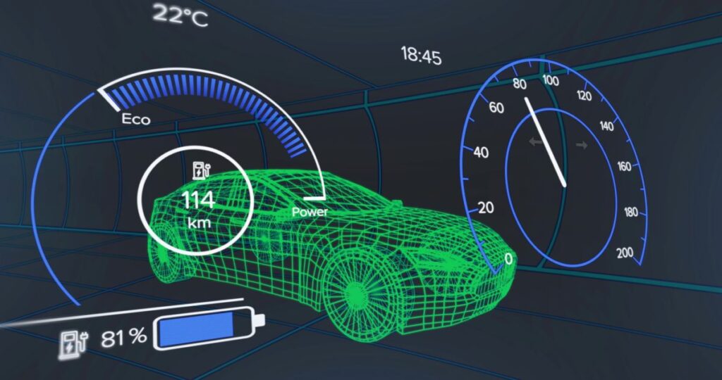 Detailný záber na palubný počítač elektromobilu, ktorý zobrazuje aktuálnu spotrebu energie.
