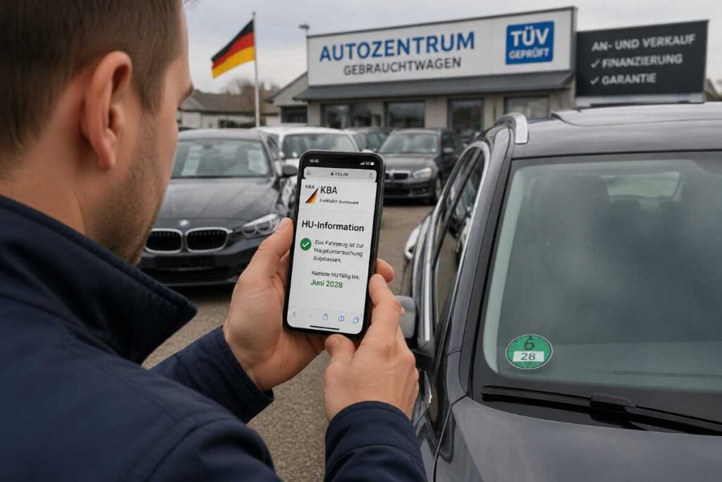 Slovenský kupujúci v nemeckom autobazári drží smartfón a fotí TÜV nálepku na aute – na displeji mobilu je otvorený portál kba.de s potvrdením platnosti HU do júna 2028