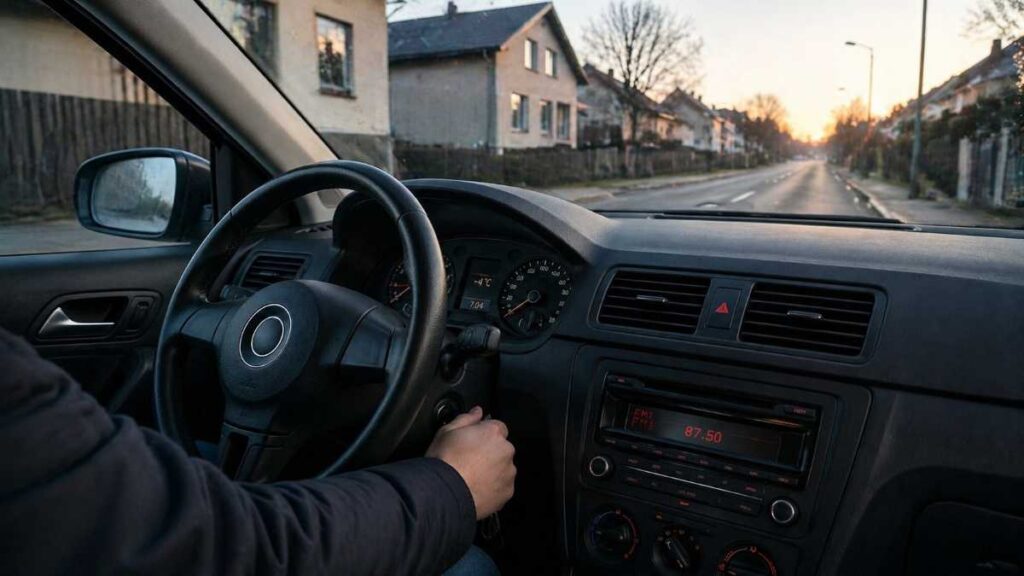 Studený motor auta v zimnom ráne, vodič drží kľúč v zapaľovaní a chystá sa okamžite vyraziť