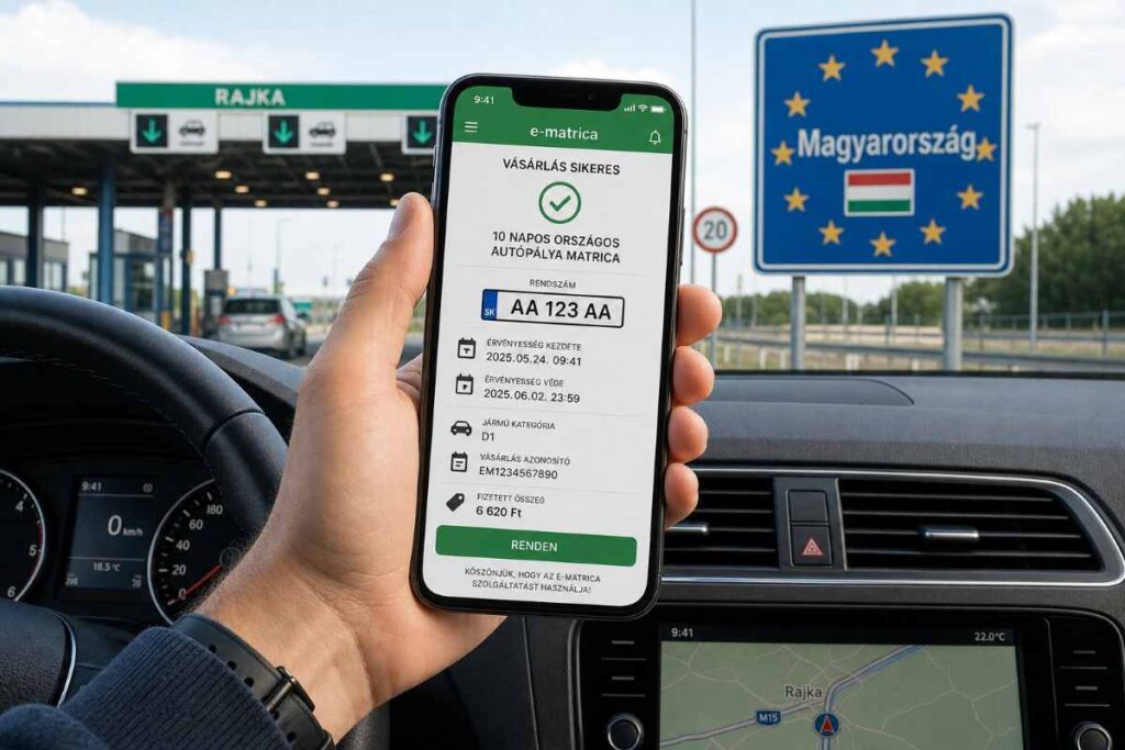 Detail ruky vodiča držiaceho smartfón s otvorenou maďarskou aplikáciou e-matrica a potvrdením o zakúpení 10-dňovej diaľničnej známky na evidenčné číslo, v pozadí palubná doska auta a tabuľa Magyarország pri hraničnom priechode Rajka – ilustrácia správnej kontroly platnosti známky pred vjazdom na spoplatnenú diaľnicu.