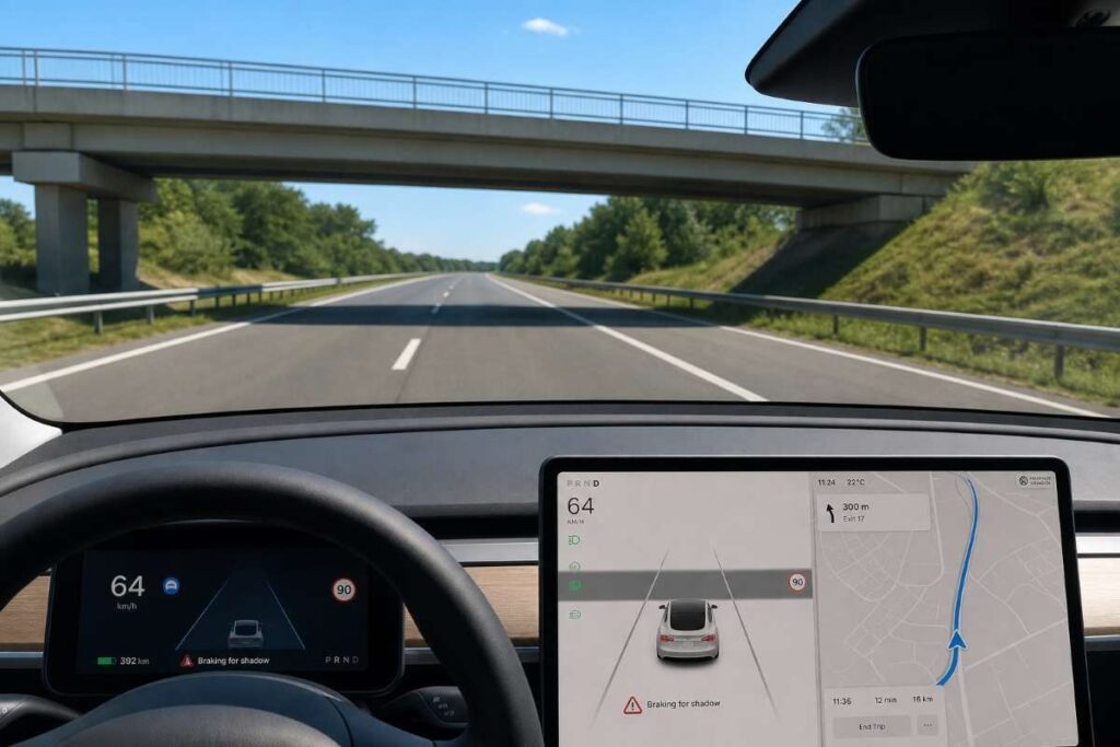 Auto brzdí na prázdnej ceste pred tieňom nadjazdu