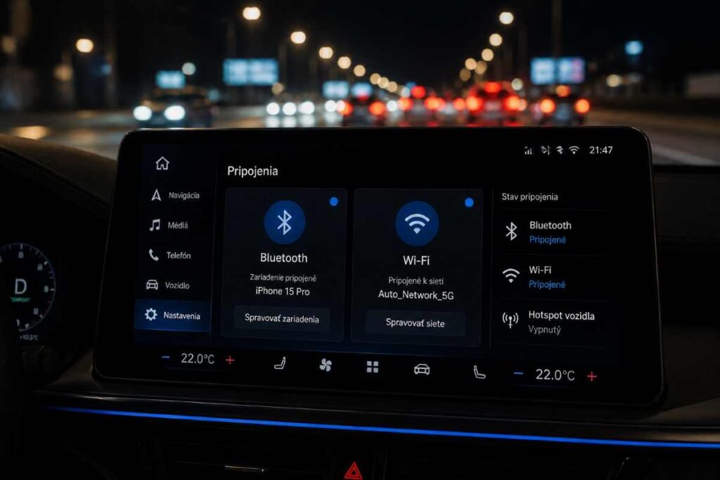 Detail infotainment obrazovky moderného auta so zobrazením Bluetooth a Wi-Fi pripojení, v pozadí rozmazaná premávka na nočnej ceste