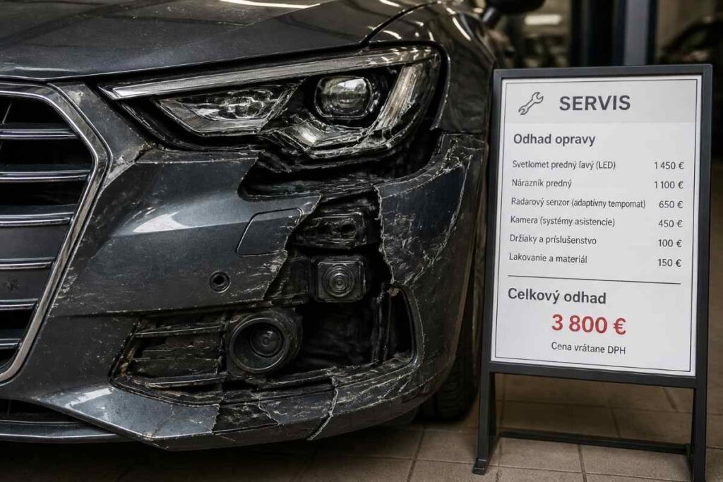 Detail rozbitého predného svetlometu moderného auta po parkovacom náraze – viditeľný poškodený nárazník s radarovým senzorom a kamerou, vedľa ceduľka servisu s odhadom opravy 3 800 eur