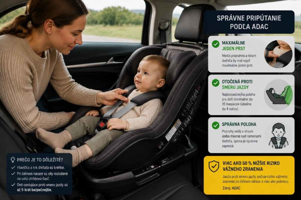 Detailný pohľad na detskú autosedačku otočenú proti smeru jazdy na zadnom sedadle slovenského rodinného SUV, kde matka kontroluje napnutie integrovaných pásov tak, aby pod popruh vošiel maximálne jeden prst – ilustrácia správneho pripútania batoľaťa podľa odporúčaní ADAC, ktoré znižuje riziko vážneho zranenia pri čelnom náraze o viac ako polovicu.