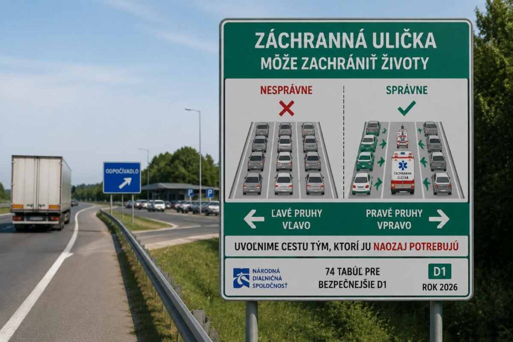 Detailný pohľad na nové informačné tabule záchrannej uličky pri výjazde z odpočívadla na slovenskej diaľnici D1, ktoré graficky znázorňujú správne uvoľnenie priestoru medzi pruhmi pre záchranné zložky – jedna zo 74 tabúľ inštalovaných NDS v roku 2026 na zlepšenie reakčného času vodičov v kolónach a krízových situáciách.