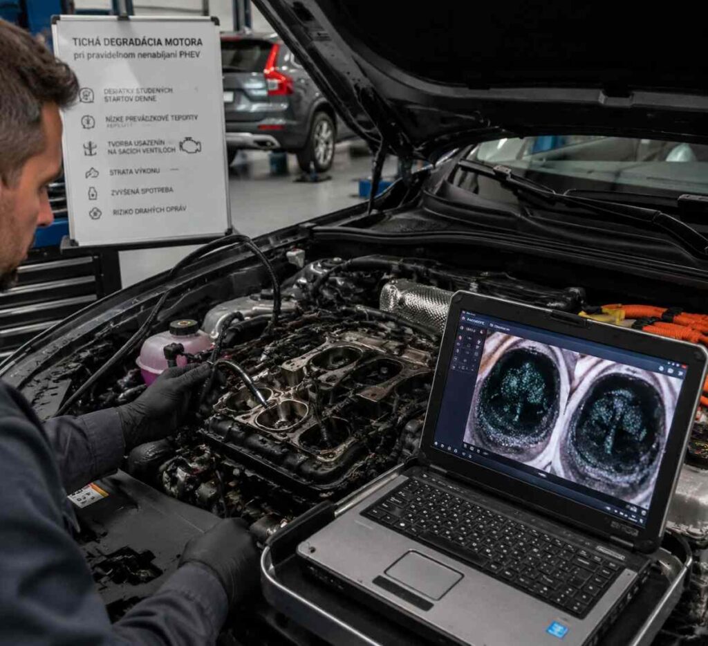Detailný pohľad pod kapotu plug-in hybridného SUV v autorizovanom servise, kde mechanik s endoskopickou kamerou kontroluje sacie ventily spaľovacieho motora a na obrazovke notebooku sa zobrazujú čierne usadeniny – ilustrácia tichej degradácie motora pri vodičoch, ktorí auto pravidelne nenabíjajú a spaľovací motor v ňom pracuje s desiatkami studených štartov denne.