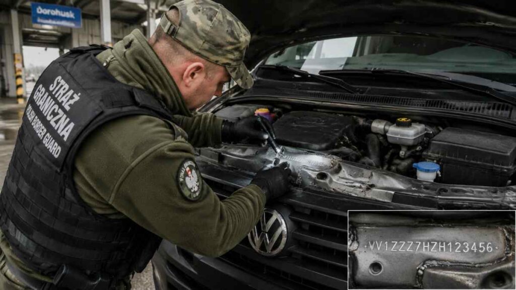 Detailný pohľad poľského pohraničníka, ktorý počas kontroly na priechode Dorohusk skúma pole VIN čísla na motorovom priestore Volkswagenu Transporter v hodnote 45-tisíc zlotých – zadržané auto putovalo na Ukrajinu s falšovanými identifikačnými údajmi a prerobeným typovým štítkom, pričom kontrola odhalila stopy po zvarovaní a nerovnostiach v hĺbke nábojov.