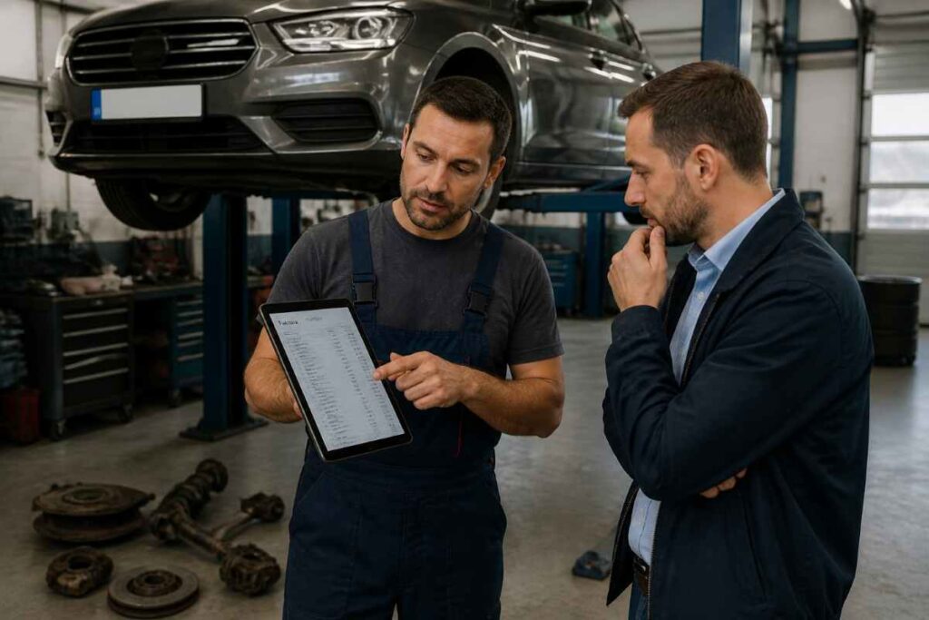 Mechanik v servise ukazuje zákazníkovi tablet s dlhou faktúrou – na pozadí auto zdvihnuté na rampe a na podlahe niekoľko zdanlivo opotrebovaných dielov