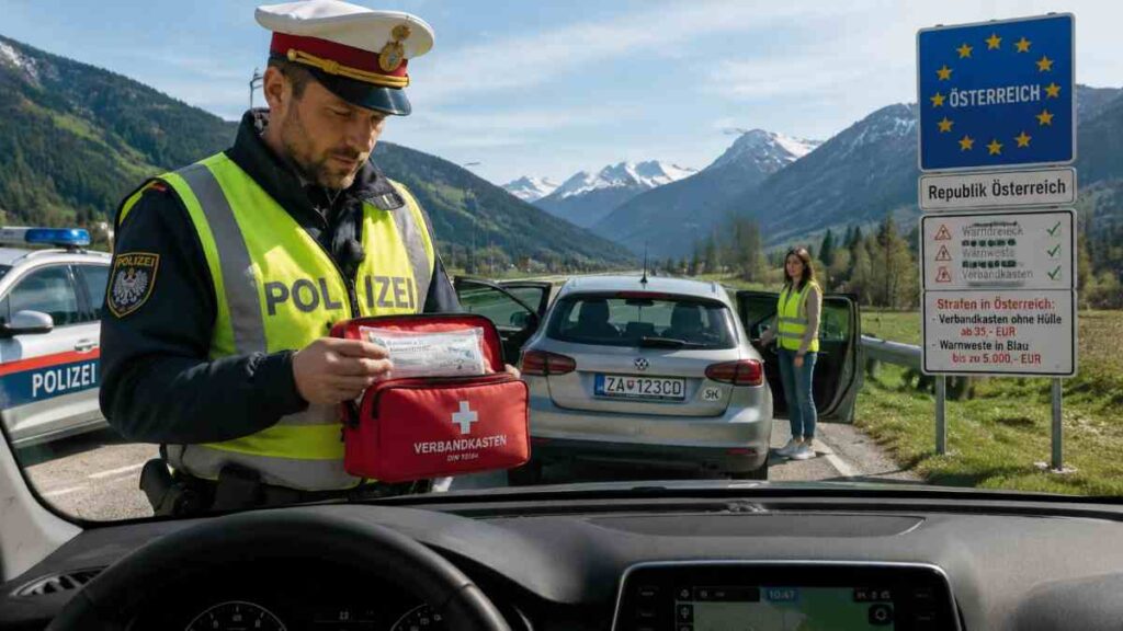 Pohľad cez čelné sklo na rakúskeho policajta v reflexnej veste, ktorý drží v ruke otvorenú lekárničku vodiča a kontroluje dátum expirácie na obale, pričom v pozadí stojí zastavené slovenské osobné auto s otvorenými dvermi a vodičkou v žltej reflexnej veste – ilustrácia bežnej cestnej kontroly povinnej výbavy v Rakúsku, kde za lekárničku bez ochranného obalu hrozí pokuta a za vestu v modrom odtieni dokonca sankcia až 5 000 eur.