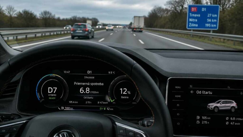 Pohľad na palubnú dosku slovenského plug-in hybridu počas jazdy po diaľnici D1, kde displej palubného počítača ukazuje priemernú spotrebu 6,8 litra na sto kilometrov a hladina nabitia batérie klesla na 12 percent – ilustrácia reálnej spotreby PHEV, ktorá podľa nemeckej štúdie z roku 2026 trojnásobne prekračuje hodnoty deklarované výrobcom podľa cyklu WLTP.