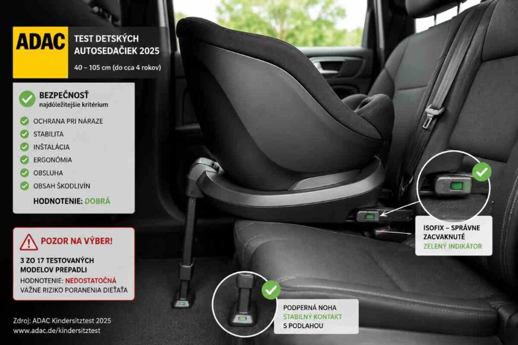 Pohľad na škrupinu detskej autosedačky upevnenej cez systém Isofix s viditeľným zeleným indikátorom správneho zacvaknutia a podpernou nohou priamo na podlahe vozidla – ilustrácia bezchybnej inštalácie podľa testov ADAC z roku 2025, kde tri zo 17 testovaných modelov prepadli s hodnotením nedostatočná pre vážne riziko poranenia dieťaťa.