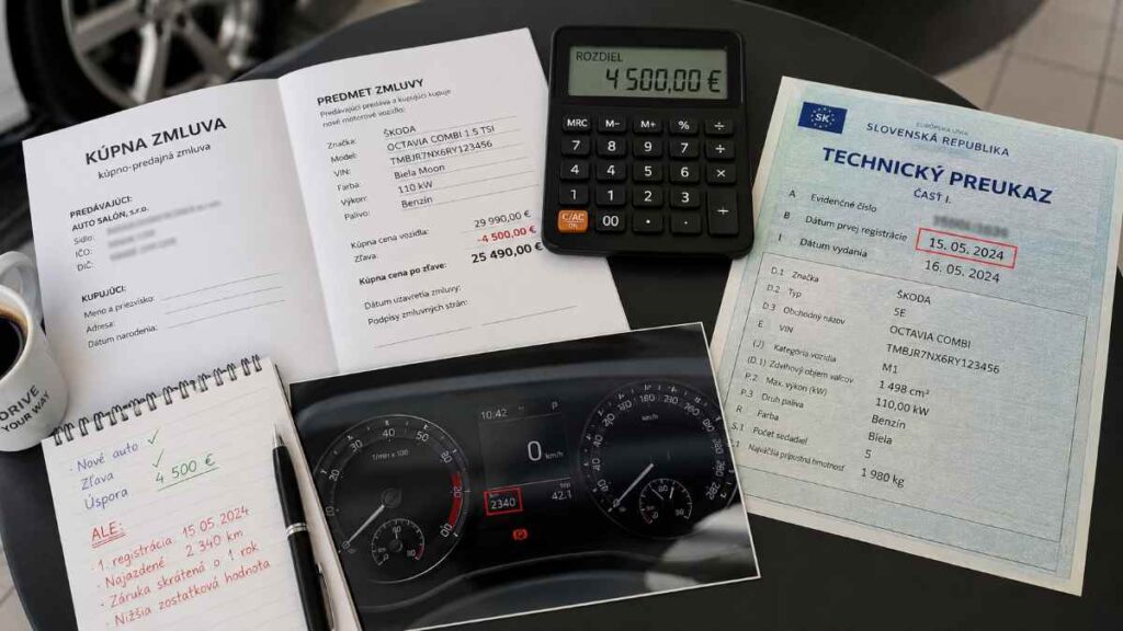 Pohľad zhora na konferenčný stôl v autosalóne, na ktorom leží otvorená kúpno-predajná zmluva, kalkulačka ukazujúca rozdiel 4 500 eur, veľký technický preukaz s viditeľným dátumom prvej registrácie a tachometer fotografovaný cez sklo s údajom 2 340 kilometrov – ilustrácia momentu, keď opatrný kupujúci porovnáva údaje a odhaľuje, že „nové