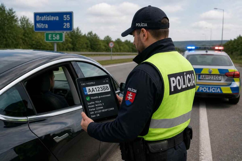 Policajt kontroluje EVČ vozidla pri cestnej kontrole v Európe.