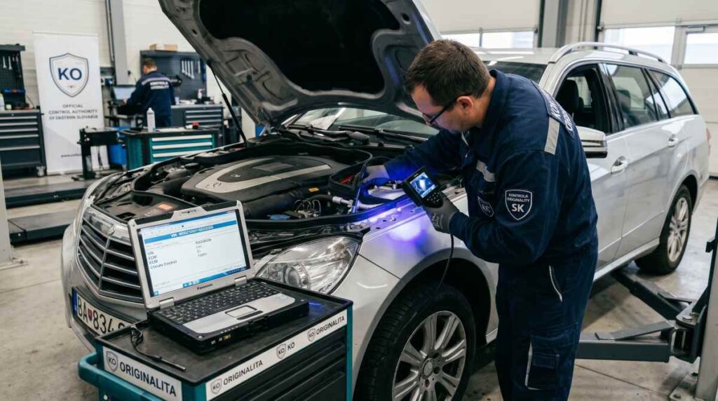Pracovník slovenskej kontroly originality endoskopom a UV lampou preveruje skryté časti karosérie ojazdeného Mercedesu dovezeného z východnej Európy a porovnáva VIN číslo z rámu tlmičov s údajmi v riadiacej jednotke motora a klimatizácie – moderné metódy odhalia aj sofistikované „dvojičky