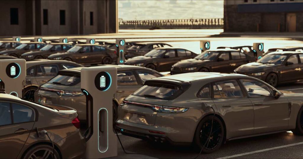 Rad elektromobilov pri nabíjacej stanici na európskej diaľnici