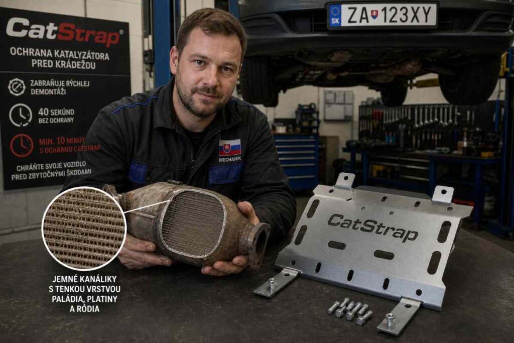 Slovenský mechanik v autoservise drží v rukách originálny katalyzátor s rozrezaným keramickým jadrom, v ktorom sú jasne viditeľné jemné kanáliky napustené tenkou vrstvou paládia, platiny a ródia, a vedľa neho na pracovnom stole leží ochranný kovový plech CatStrap s priskrutkovacími úchytmi, ktorý sa montuje pod podlahu vozidla a predlžuje čas potrebný na nelegálnu demontáž z 40 sekúnd na minimálne desať minút.