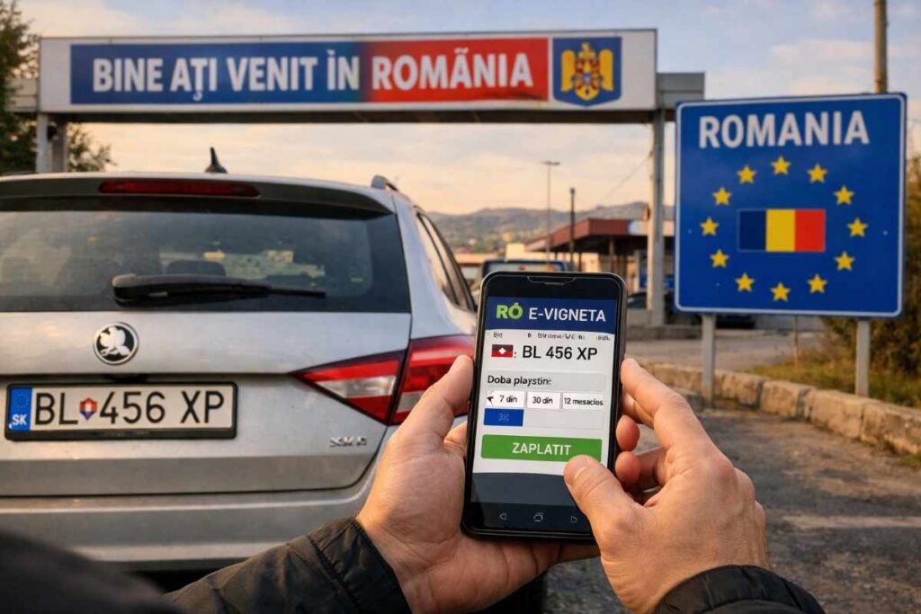Slovenský vodič kupuje elektronickú rovinietu cez mobil pred vstupom do Rumunska. Známka sa viaže na evidenčné číslo vozidla.