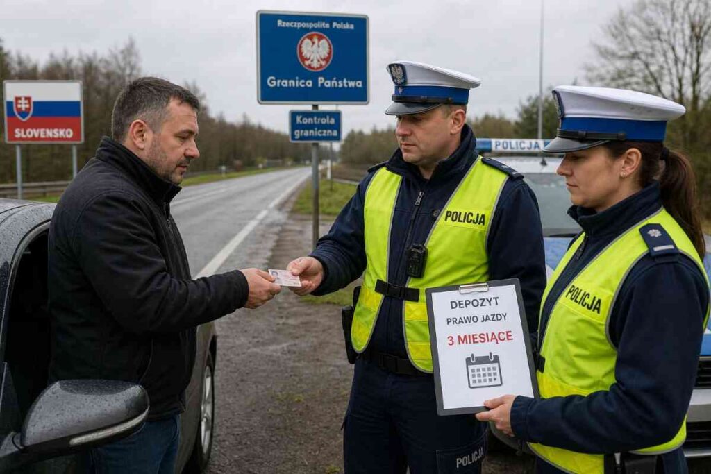 Slovenský vodič odovzdáva vodičský preukaz poľskej hliadke. Doklad putuje do depozitu na 3 mesiace.