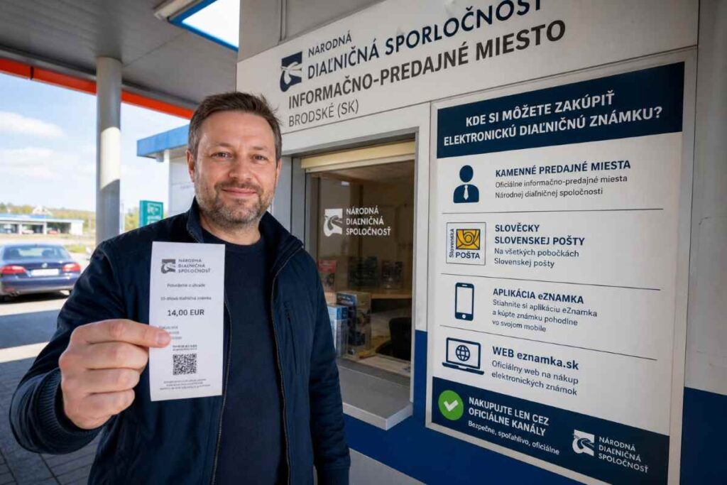 Slovenský vodič stojí na čerpacej stanici pri oficiálnom informačno-predajnom mieste Národnej diaľničnej spoločnosti pri hraničnom priechode Brodské a v ruke drží potvrdenie o úhrade 10-dňovej elektronickej diaľničnej známky za bezpečných 14 eur – kamenné predajné miesta, Slovenská pošta a aplikácia eZnamka sú jediné kanály mimo oficiálneho webu eznamka.sk, ktoré garantujú platnú známku bez zbytočných poplatkov.