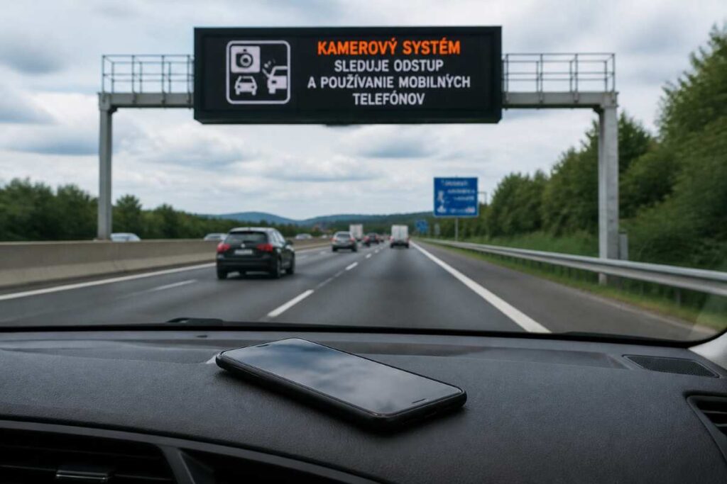 Smartfón ležiaci na palubnej doske počas jazdy po diaľnici – v pozadí viditeľná informačná tabuľa upozorňujúca na kamerový systém sledujúci odstup a mobilné telefóny