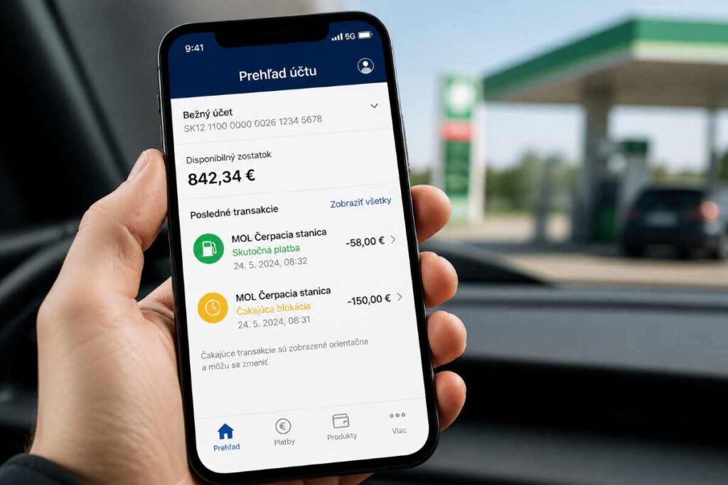 Smartfón s otvorenou bankovou aplikáciou ukazuje dve transakcie – jednu skutočnú platbu 58 eur a jednu čakajúcu blokáciu 150 eur z tej istej čerpacej stanice