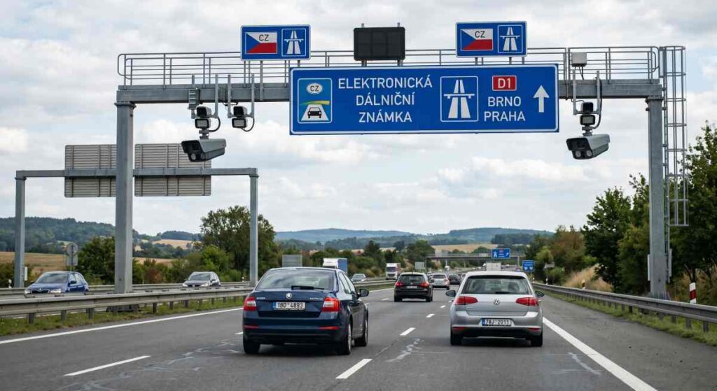 Tabuľa s nápisom Elektronická dálniční známka pri vjazde na českú diaľnicu. Kamerový systém sníma každú prechádzajúcu ŠPZ.