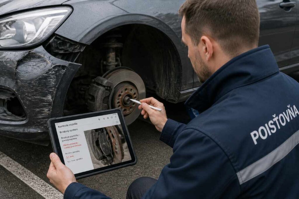 Technik poisťovne s tabletom dokumentuje stav vozidla po nehode – pohľad na opotrebované brzdové platničky odhalené pri kontrole