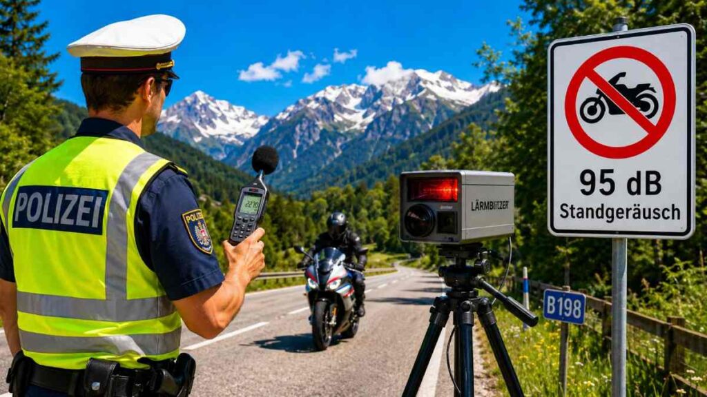 Rakúsky policajt v reflexnej žltej veste stojí pri ceste B198 v Tirolsku s ručným hlukomerom Bruel & Kjaer typu 2270 namiereným na prichádzajúci motocykel, vedľa neho na statíve stojí stacionárna kamera Lärmblitzer s automatickým snímaním EVČ, pričom v pozadí sa nachádza značka s prečiarknutým motocyklom a údajom „95 dB Standgeräusch
