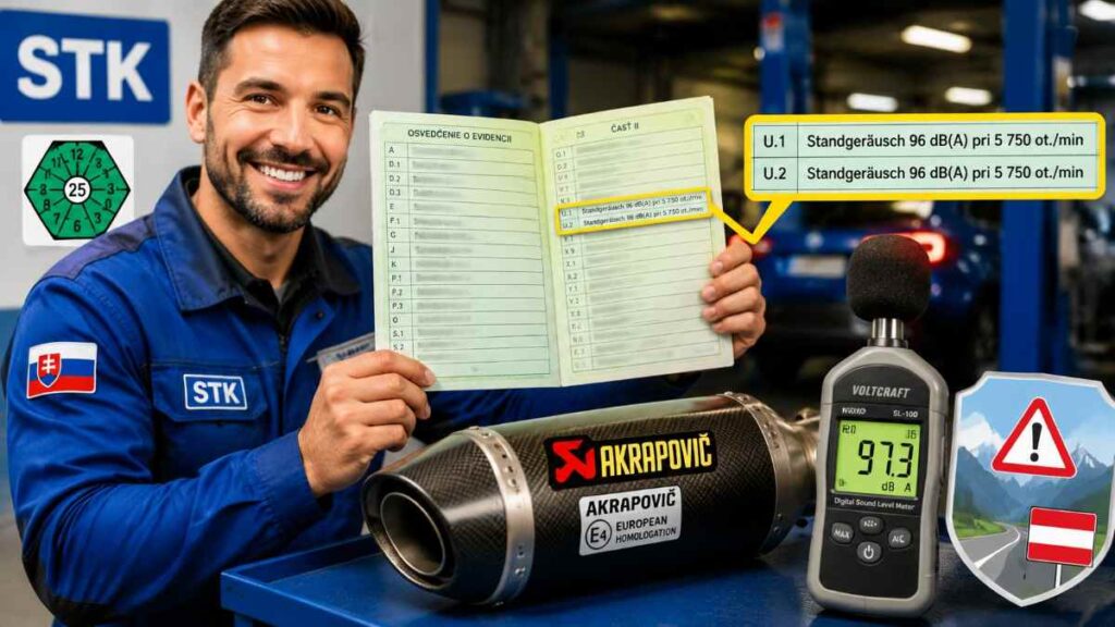Slovenský technik na stanici STK drží v rukách otvorené osvedčenie o evidencii časť II so zvýrazneným riadkom U.1 a U.2, kde figuruje hodnota „Standgeräusch 96 dB(A) pri 5 750 ot./min