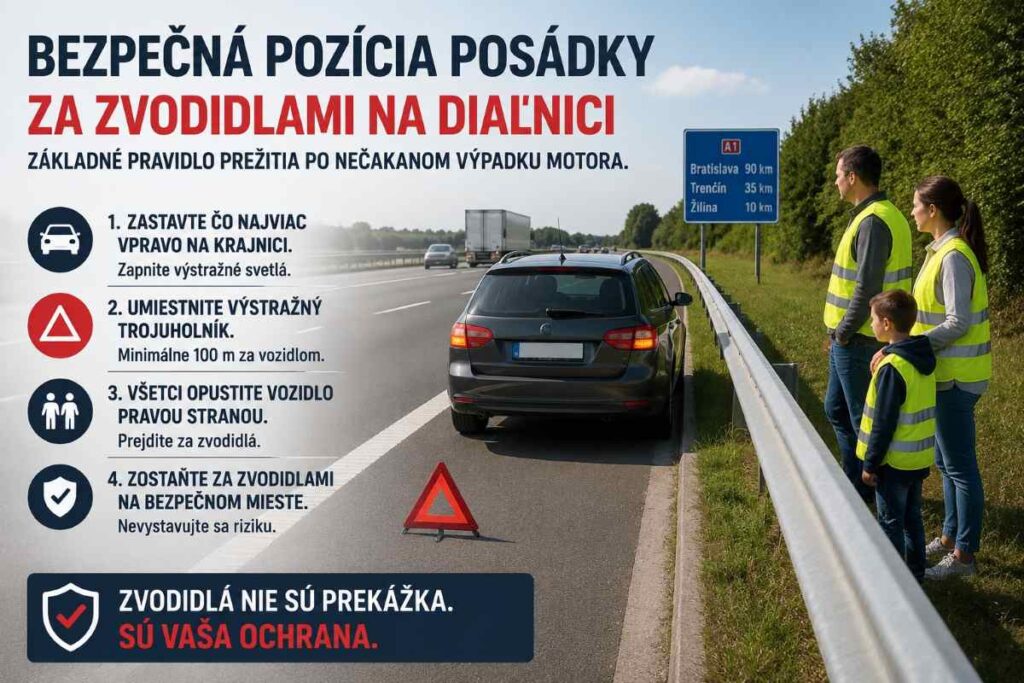 Bezpečná pozícia posádky za zvodidlami na diaľnici je základným pravidlom prežitia po nečakanom výpadku motora.