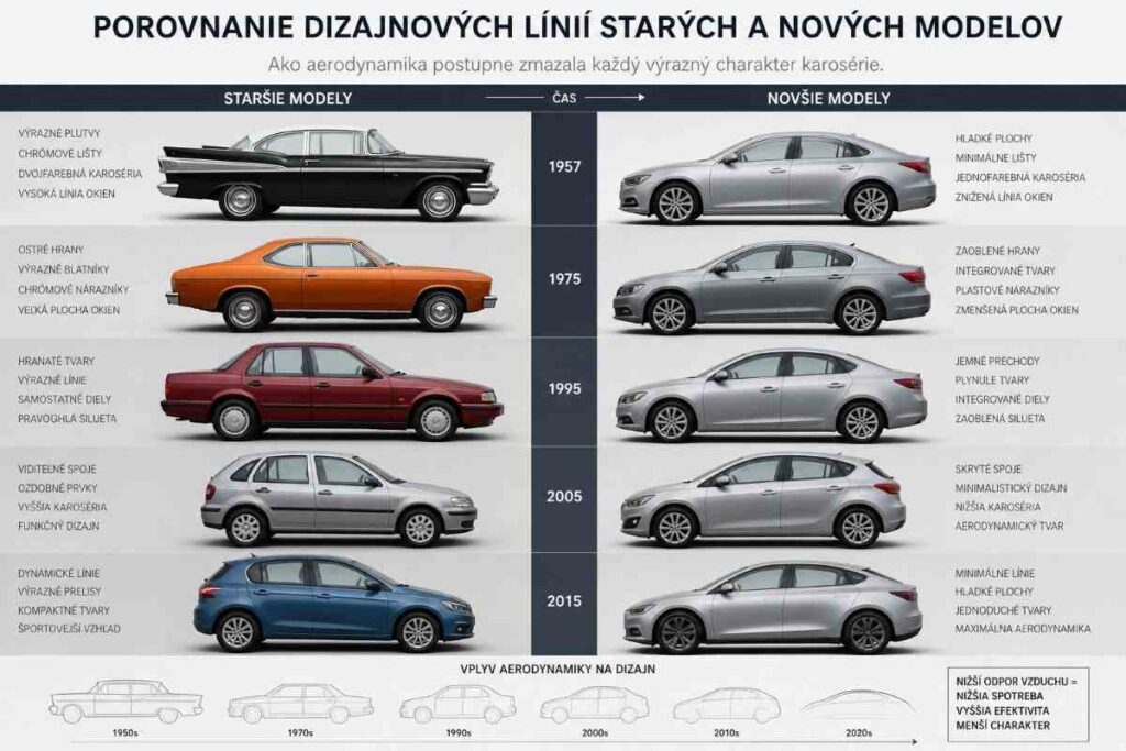Porovnanie dizajnových línií starých a nových modelov ukazuje, ako aerodynamika postupne zmazala každý výrazný charakter karosérie.
