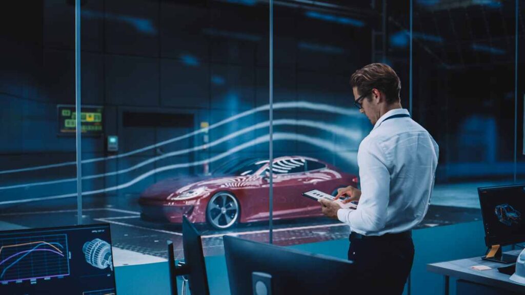 Moderné zaoblené auto v aerodynamickom tuneli
