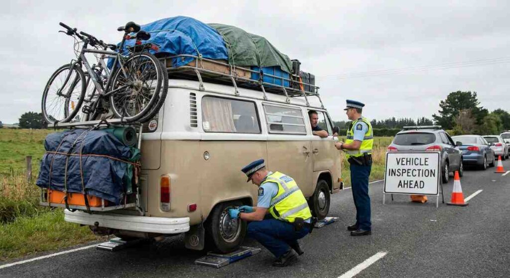Preťažené obytné auto prechádza kontrolným stanovišťom, kde policajti preverujú jeho hmotnosť a technický stav.