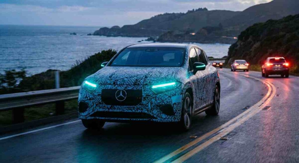 Mercedes-Benz vybavil svoje testovacie vozidlá tyrkysovými svetlami na predných svetlometoch a zrkadlách.