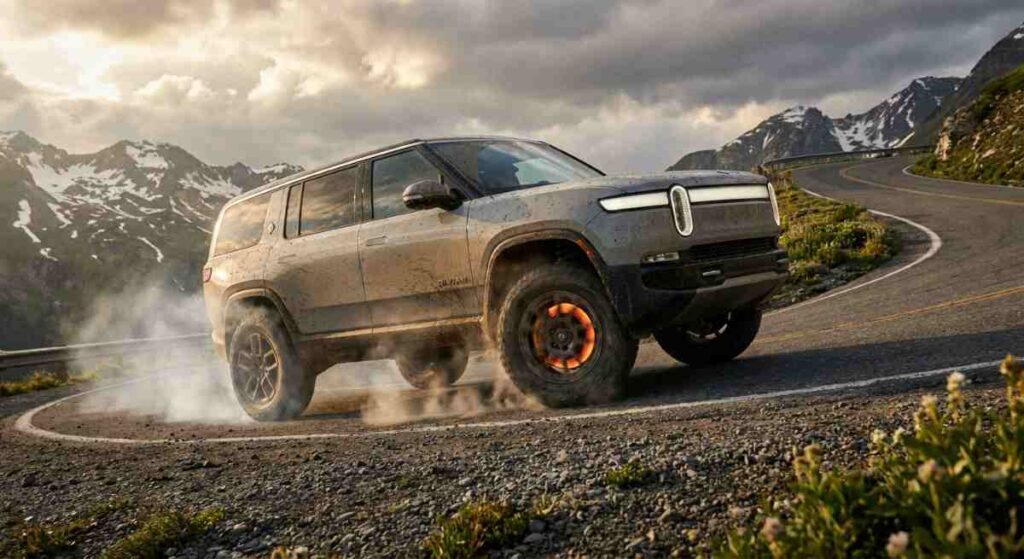 Ťažké elektrické SUV prekonáva horské serpentíny, kde masívna batéria zaťažuje brzdy aj pneumatiky.