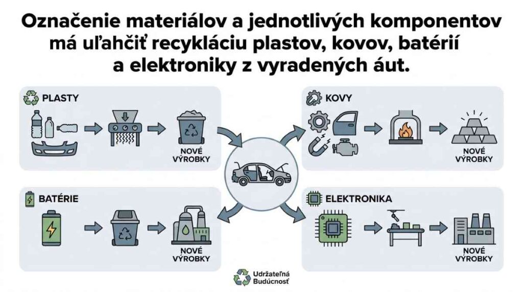 Označenie materiálov a jednotlivých komponentov má uľahčiť recykláciu plastov, kovov, batérií a elektroniky z vyradených áut.