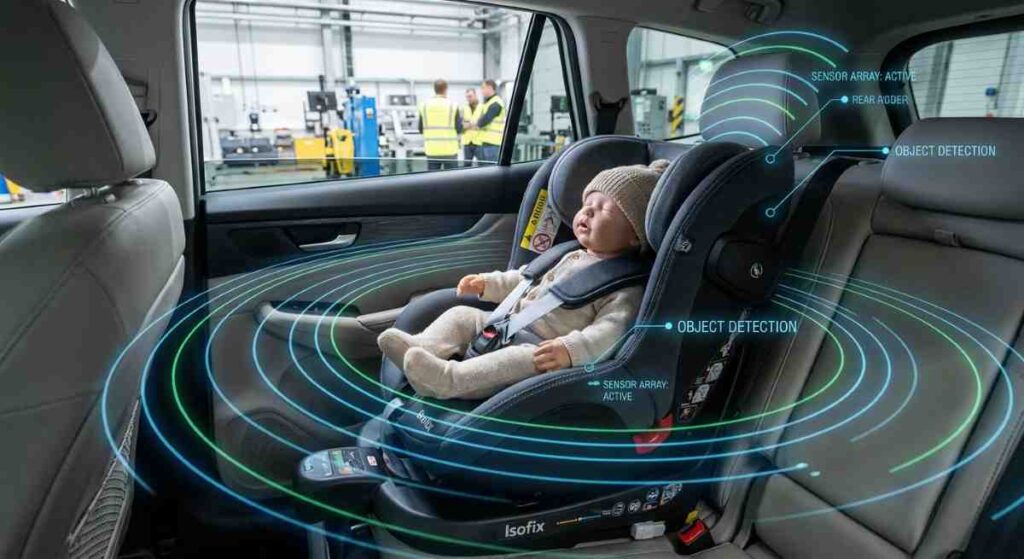 Figurína novorodenca v detskej autosedačke Isofix, ktorú radarové senzory v teste ADAC nedokázali spoľahlivo zaregistrovať.