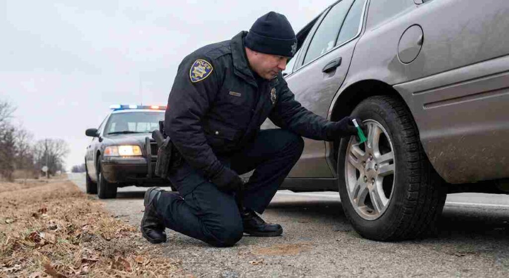 Policajná hliadka kontroluje obutie vozidla aj počas suchého dňa bez snehovej pokrývky.