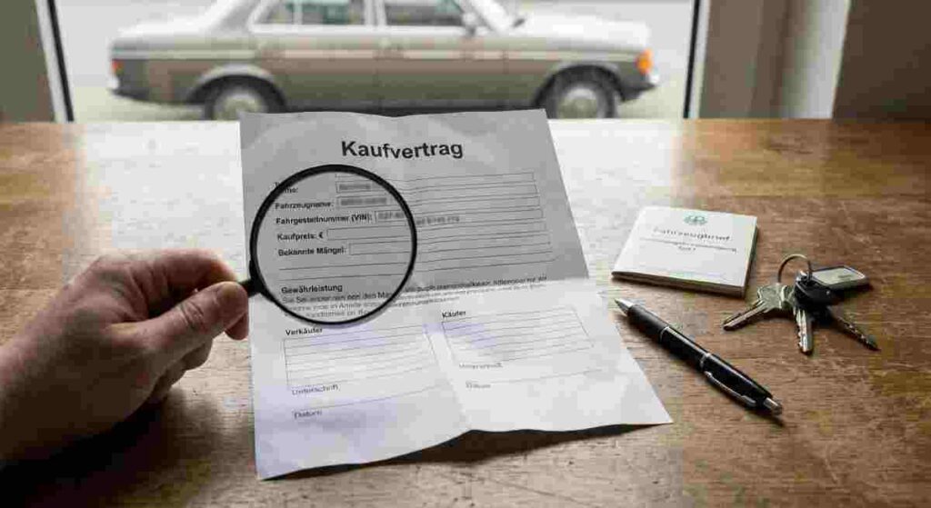 Nemecká kúpna zmluva na jazdené auto vyžaduje dôkladnú kontrolu každej právnej formulácie pred podpisom.