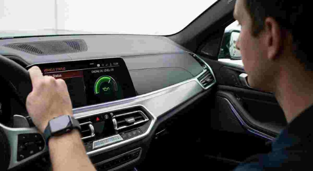 Vodič v servisnom menu palubného počítača kontroluje hladinu motorového oleja bez mierky.